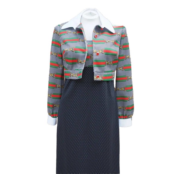 70s Jerell of Texas Black White Polka Dot Houndstooth Designer Bit Print Maxi - Picture 5 of 10